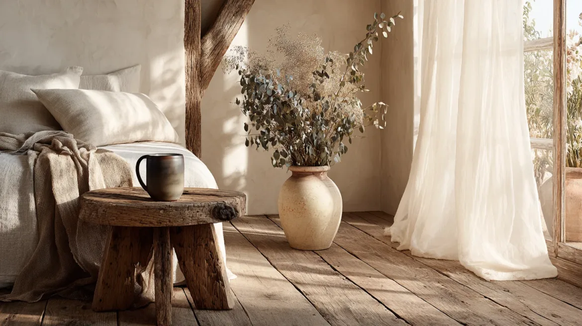 Slow Living Szene mit Morgenlicht, Leinenvorhang und Keramiktasse auf Holztisch - mit KI visualisiert.