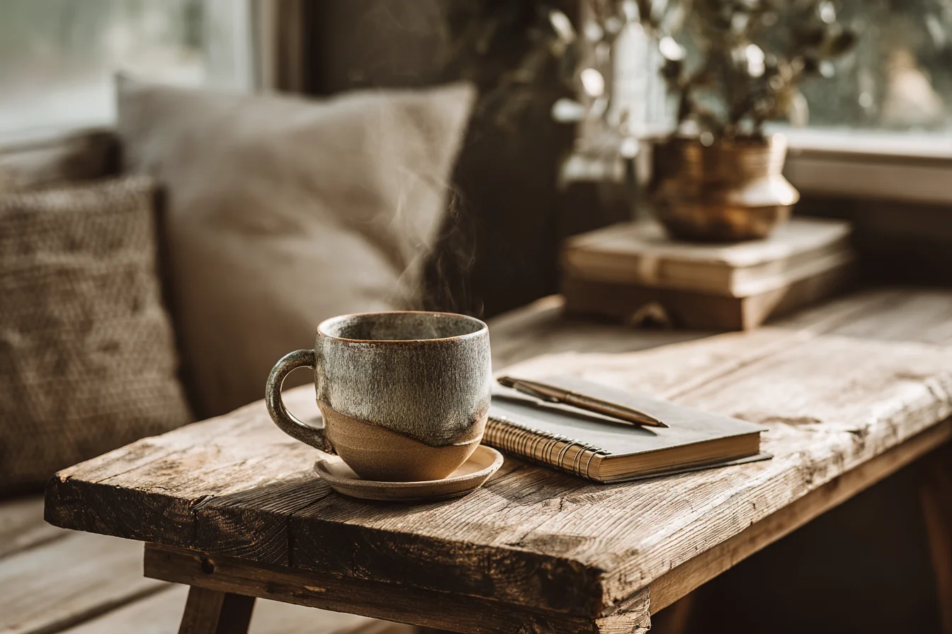 Morgenritual-Stillleben mit dampfender Keramiktasse und offenem Notizbuch - mit KI visualisiert. Morgenritual-Stillleben mit dampfender Keramiktasse und offenem Notizbuch - mit KI visualisiert.