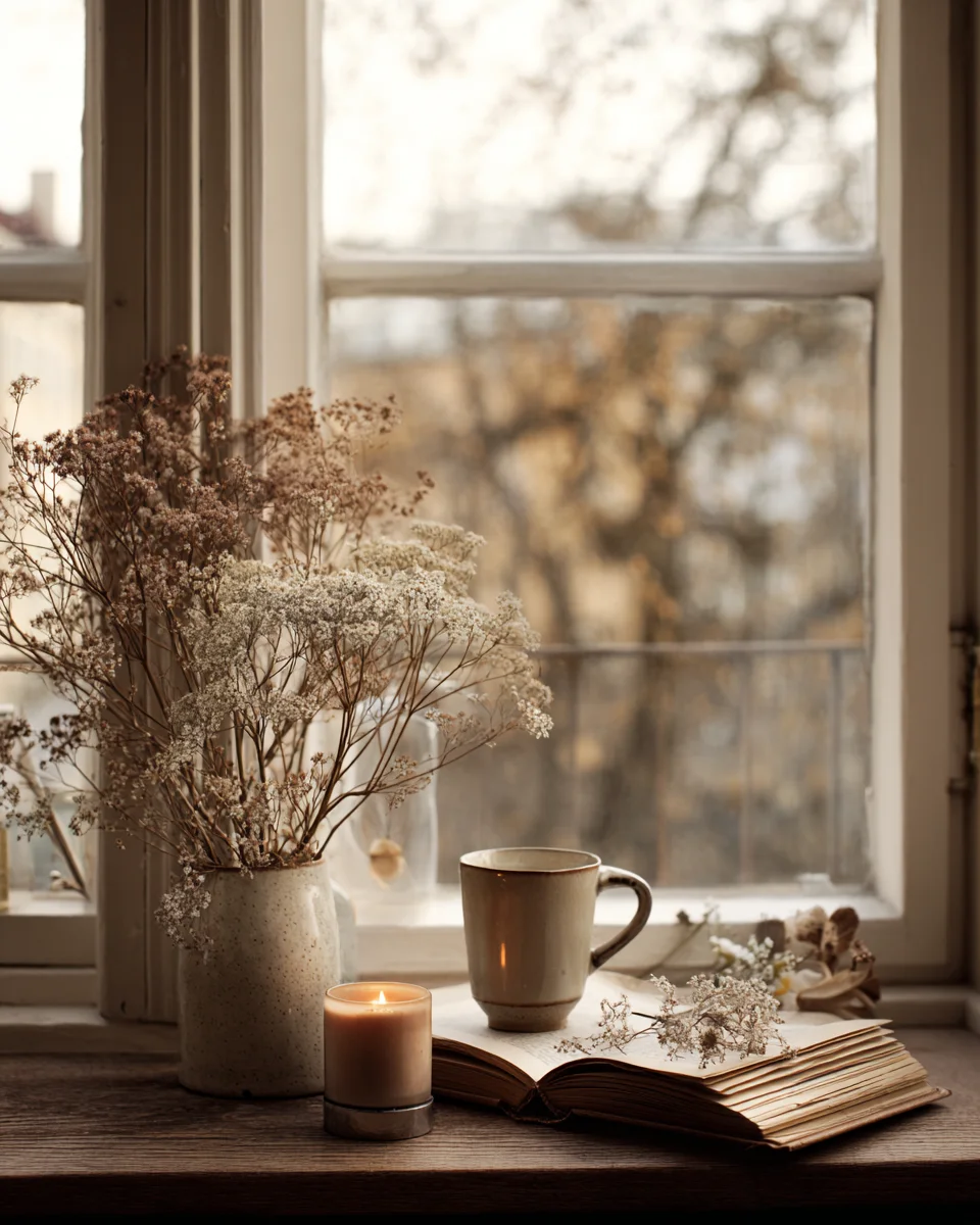 Fensterbank mit Kerze, Buch und getrockneten Wildblumen im sanften Tageslicht - mit KI visualisiert. Fensterbank mit Kerze, Buch und getrockneten Wildblumen im sanften Tageslicht - mit KI visualisiert.