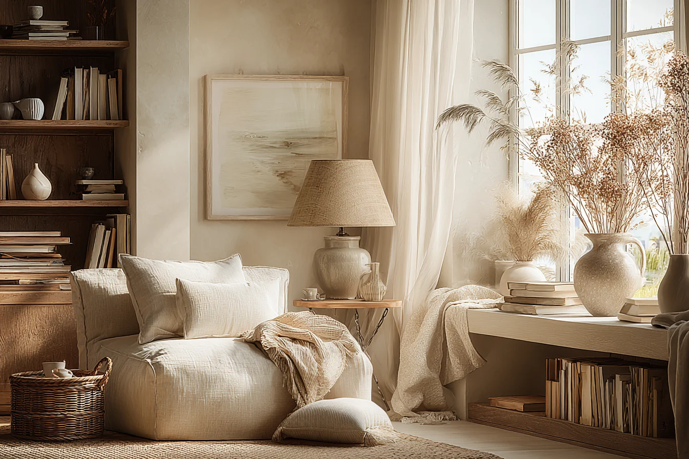 Gemütliches Slow Living Wohnzimmer mit Sofa - mit KI visualisiert. Gemütliches Slow Living Wohnzimmer mit Sofa - mit KI visualisiert.