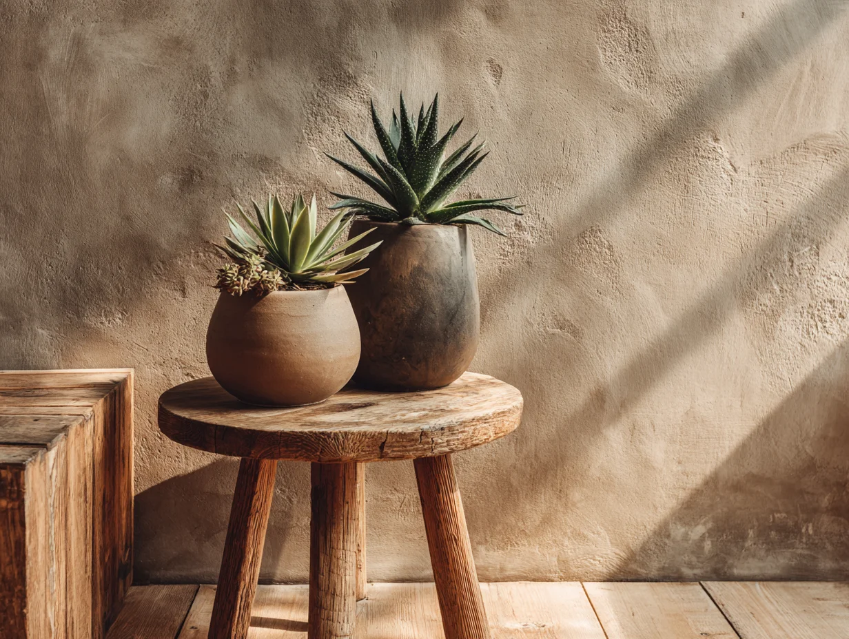 Sukkulenten dekorieren mit Agave und Haworthia in unglasierter Keramik – mit KI visualisiert
