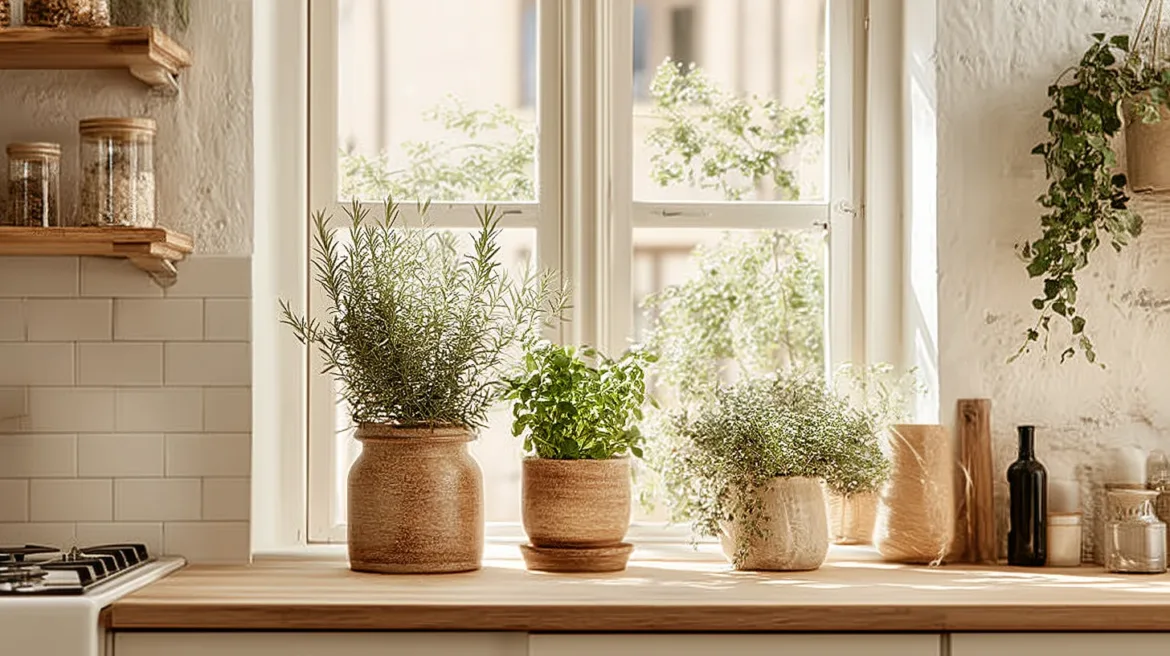 Küchenpflanzen auf der Fensterbank – Kräutertöpfe und Efeutute im warmen Morgenlicht - mit KI visualisiert.