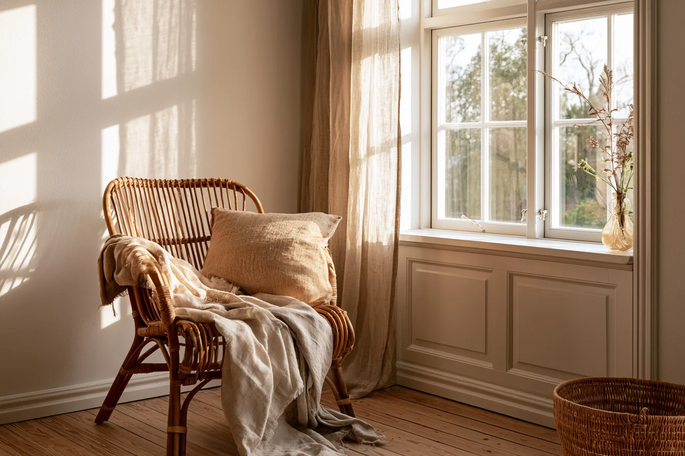 Rattanstuhl mit Leinendecke neben Fenster in kompakter Wohnung - mit KI visualisiert