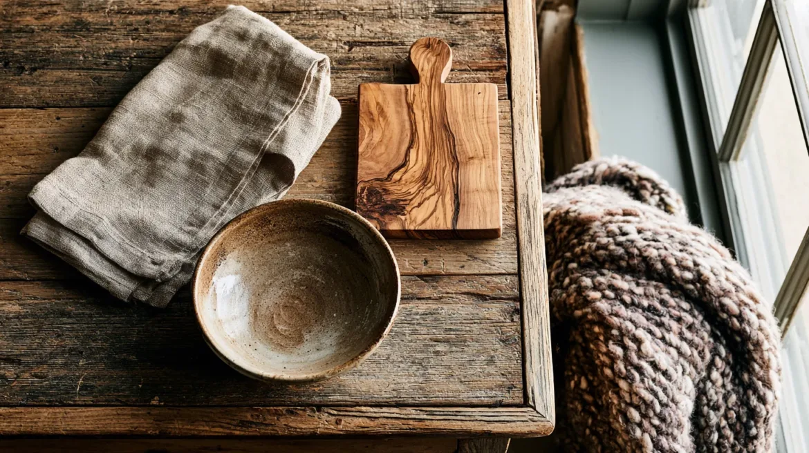 Naturmaterialien Stillleben — Leinen, Keramik, Holz und Wolle auf Tisch - mit KI visualisiert.