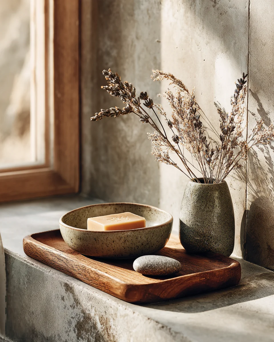Spa-Badezimmer Materialien Teak Naturstein und handgemachte Keramik-Seifenschale - mit KI visualisiert. 
