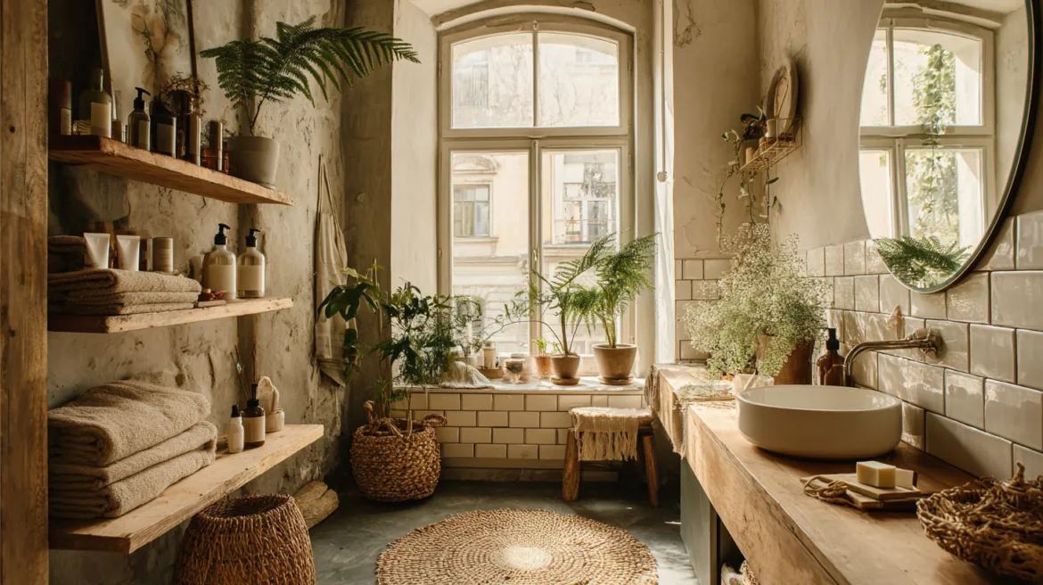 Spa-Badezimmer mit Holzregal Naturmaterialien und Pflanze in europäischer Wohnung - mit KI visualisiert