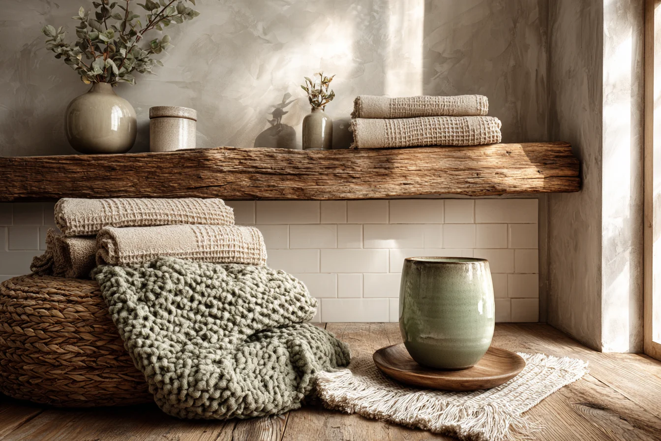Spa Badezimmer Farbpalette Erdtöne mit matten Oberflächen und Leinentextilien - mit KI visualisiert.