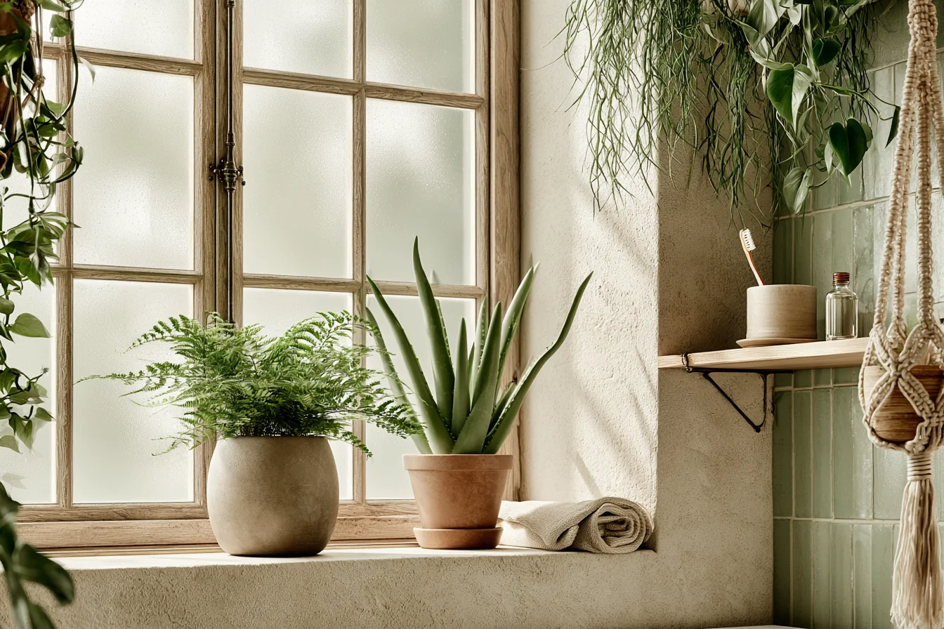 Badezimmerpflanzen auf Fensterbank in kompaktem Spa-Badezimmer - mit KI visualisiert.