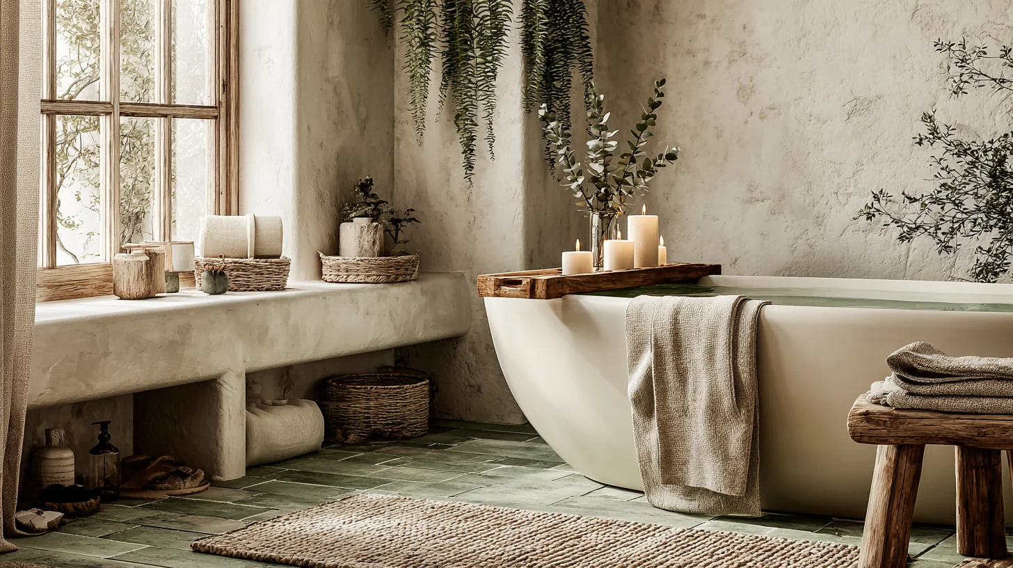 Freistehende Badewanne mit Holztablett und Kerze in kompaktem Spa-Badezimmer – mit KI visualisiert