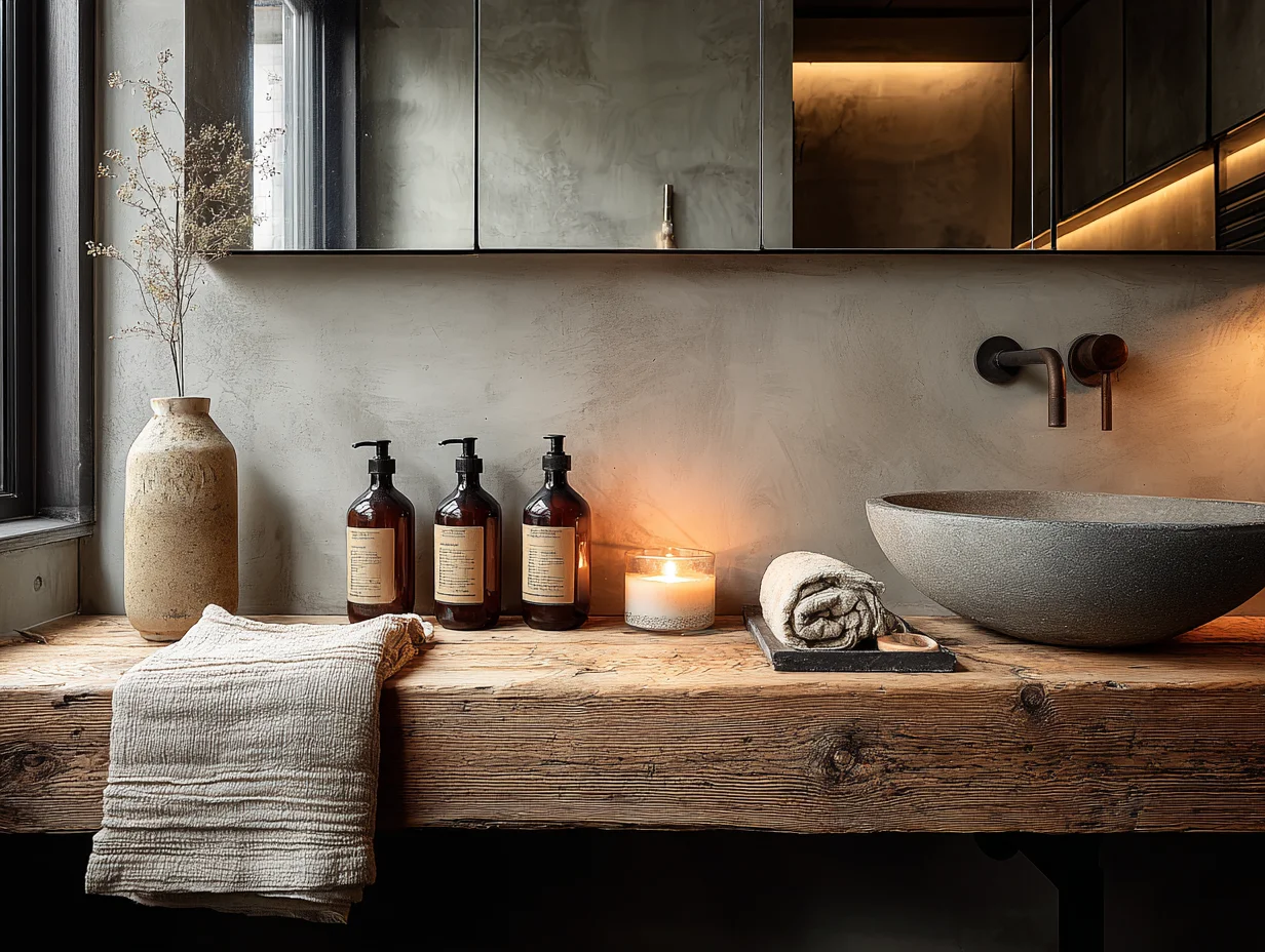 Schmales Holzregal im Bad mit dunklen Apothekerflaschen und Kerze - Platzsparendes Styling am Waschtisch - mit KI visualisiert