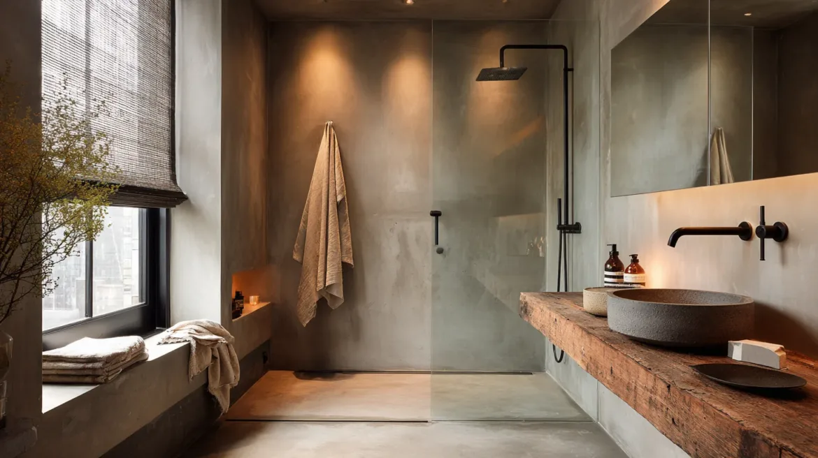 Kompaktes Badezimmer im Laid-back Luxury Stil mit schmalem Holz-Waschtisch und fugenloser Dusche — Urlaubsgefühl auf kleinem Raum - mit KI visualisiert