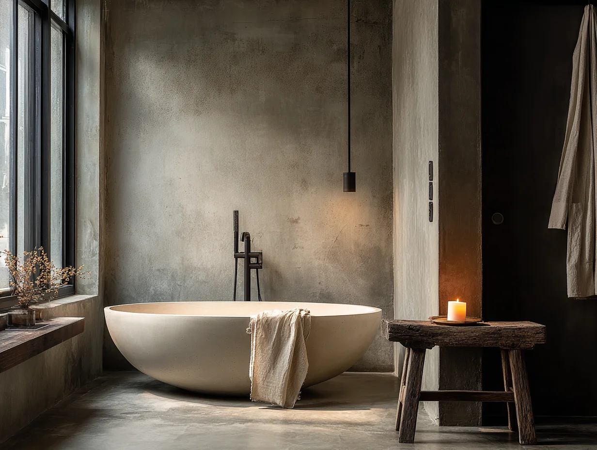 Kompaktes Spa-Badezimmer mit schlichter freistehender Badewanne, Holzhocker und Betonwänden - entspannter Luxus auf kleinem Raum - mit KI visualisiert