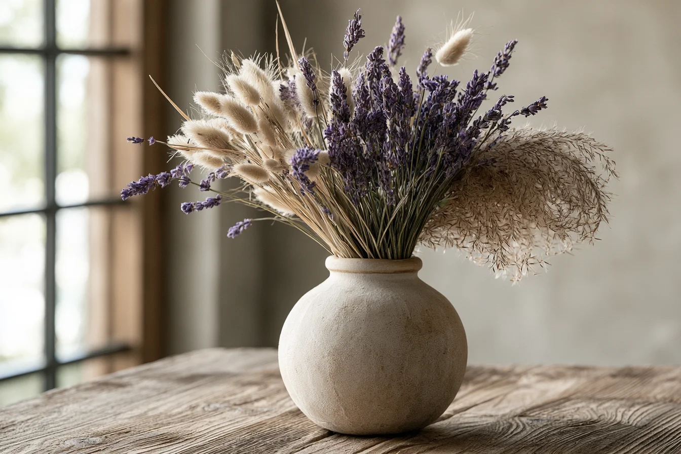 Nahaufnahme getrockneter Lavendel und Gräser in schlichter Tonvase - mit KI visualisiert.