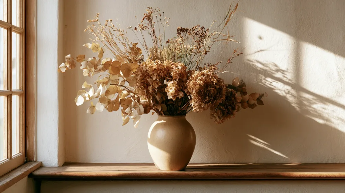 Trockenblumen Deko - Trockenblumen in Keramikvase auf Holzregal im warmen Morgenlicht - mit KI visualisiert.