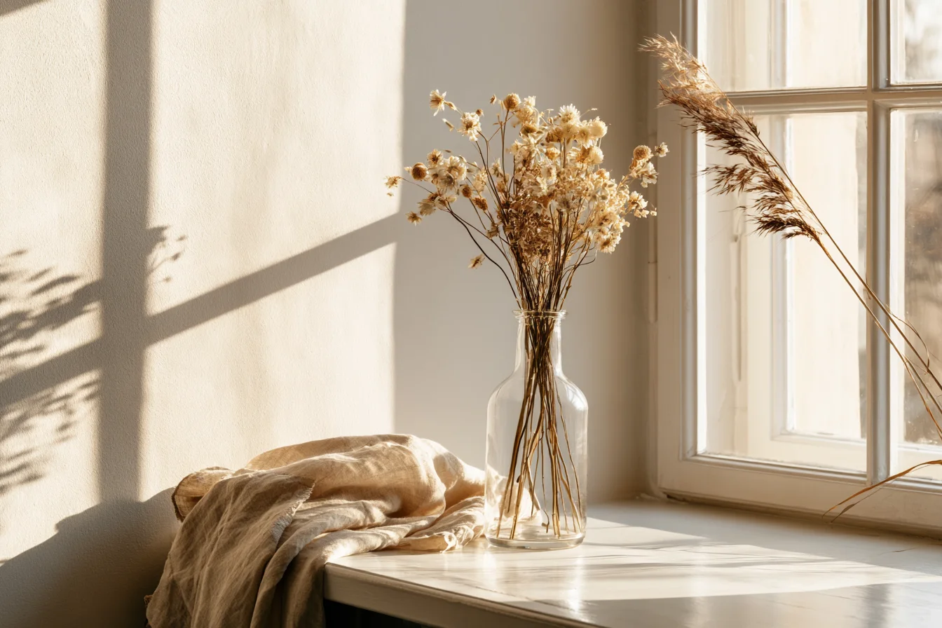 Kleines Trockenblumen-Arrangement auf Fensterbank mit Leinentuch - mit KI visualisiert.
