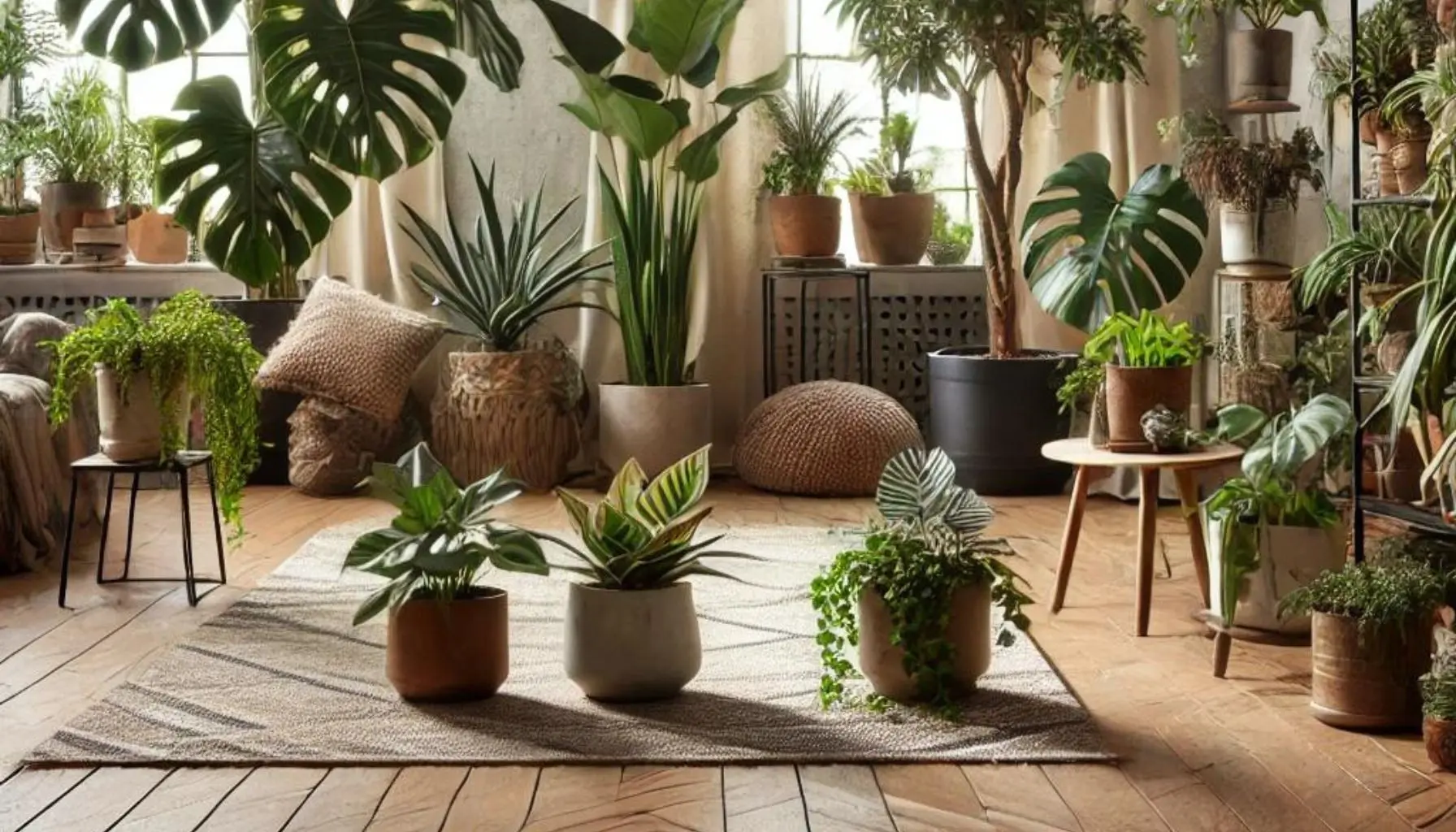 Boho-Pflanzen in einem großen Zimmer, geschichtet.