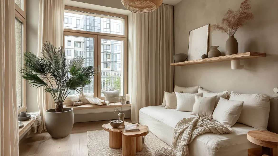 Japandi Boho Wohnzimmer in kompakter europäischer Wohnung mit hellem Holz und Leinen - mit KI visualisiert.