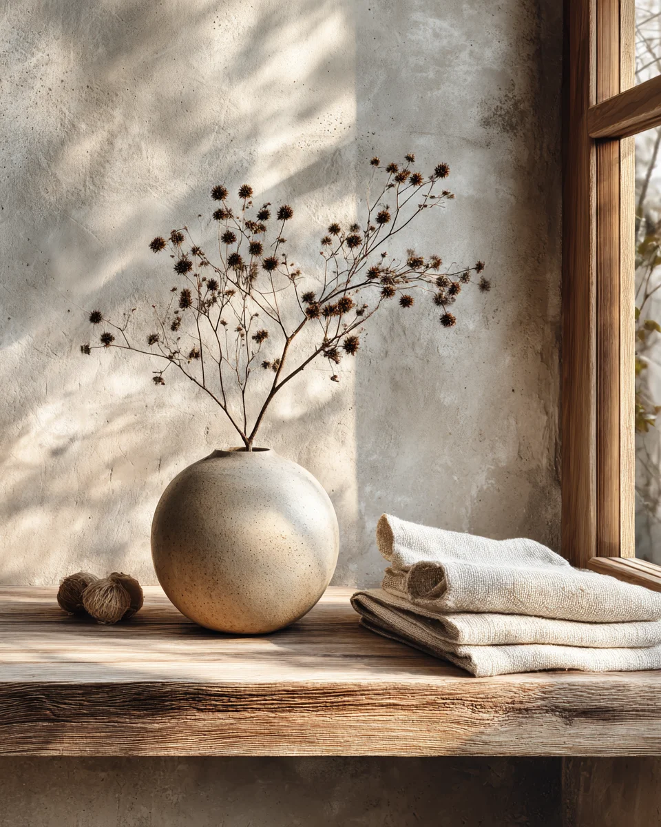Wabi-Sabi Keramik auf Holzregal im Japandi Stil