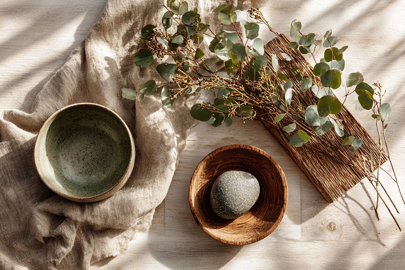 Japandi Boho Materialien Leinen Holz Keramik und Rattan Nahaufnahme