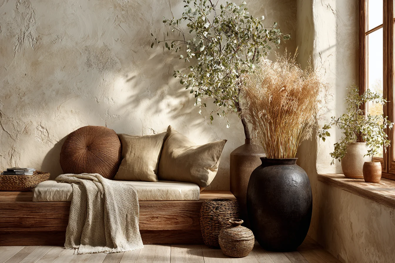 Japandi Boho Raum mit Farbpalette Sand Greige und Eucalyptus