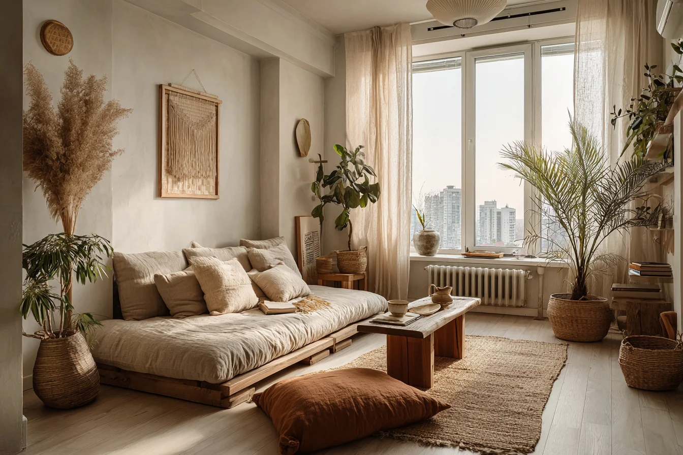 Japandi Boho Wohnzimmer in kompakter Wohnung mit niedrigem Sofa und Bodenkissen