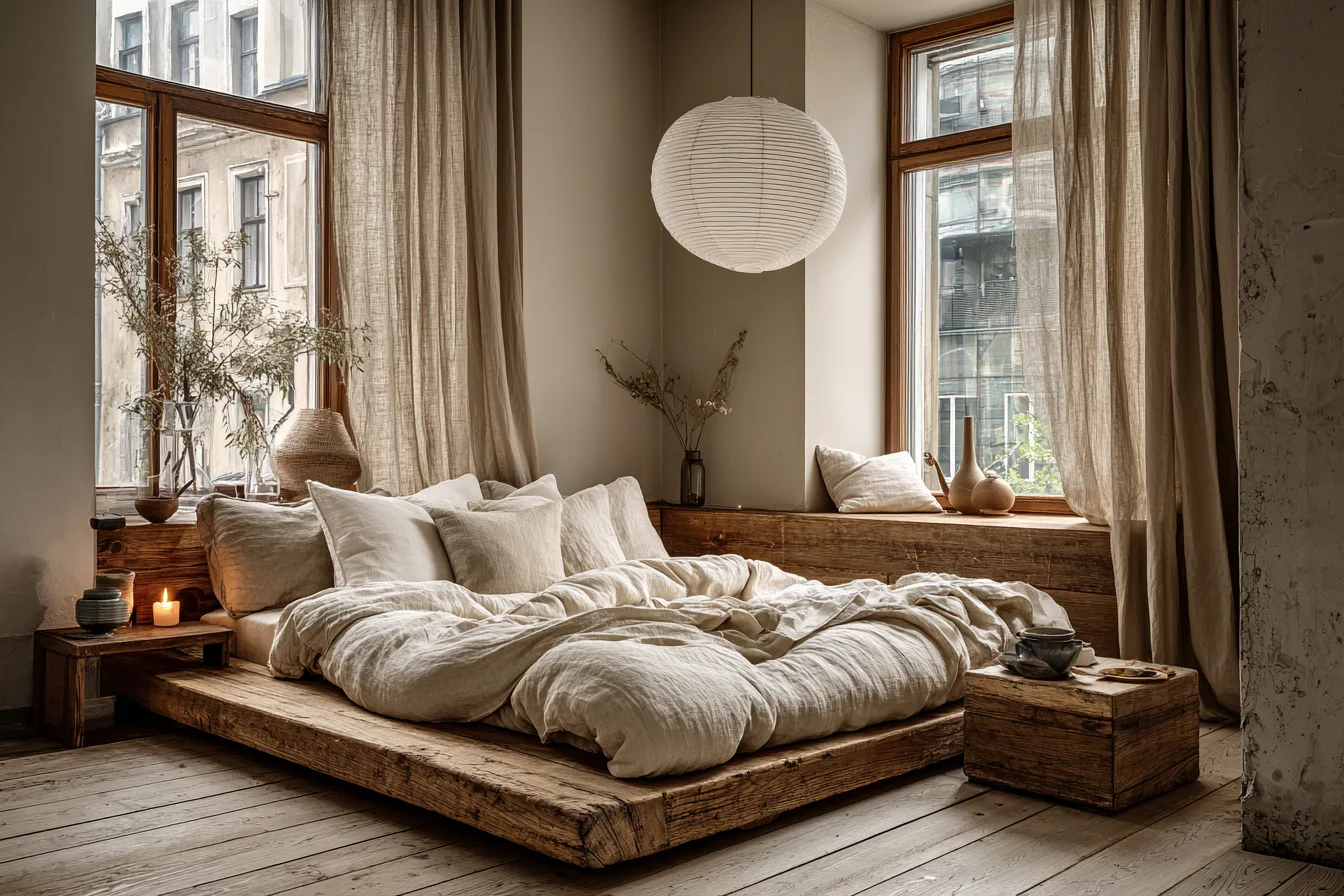 Japandi Boho Schlafzimmer mit Leinenbettwäsche und gedämpftem Licht