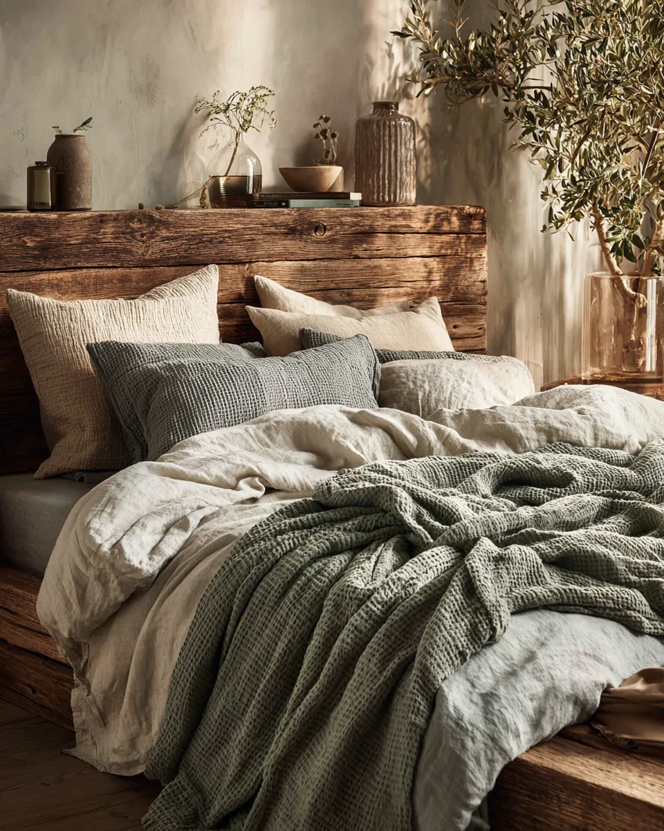 Leinenbettwäsche und geschichtete Decken im Boho Schlafzimmer Nahaufnahme - mit KI visualisiert