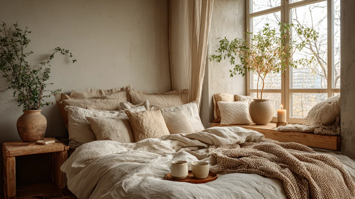 Schlafzimmer gestalten - Schlafzimmer mit Leinenbettwäsche und Naturfarben in europäischer Wohnung - mit KI visualisiert.