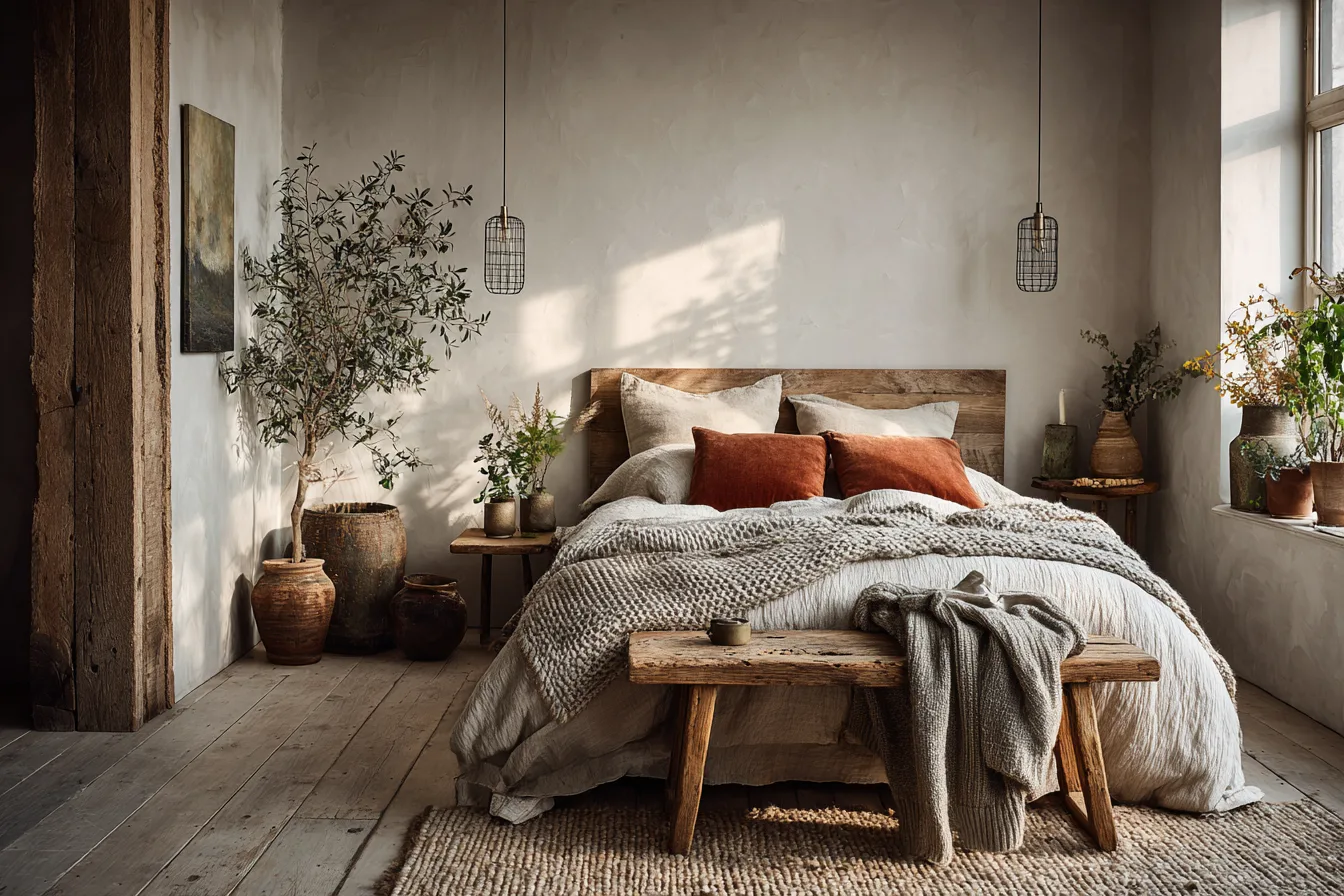 Schlafzimmer gemütlich mit Teppich Kissen und geschichteten Decken - mit KI visualisiert.
