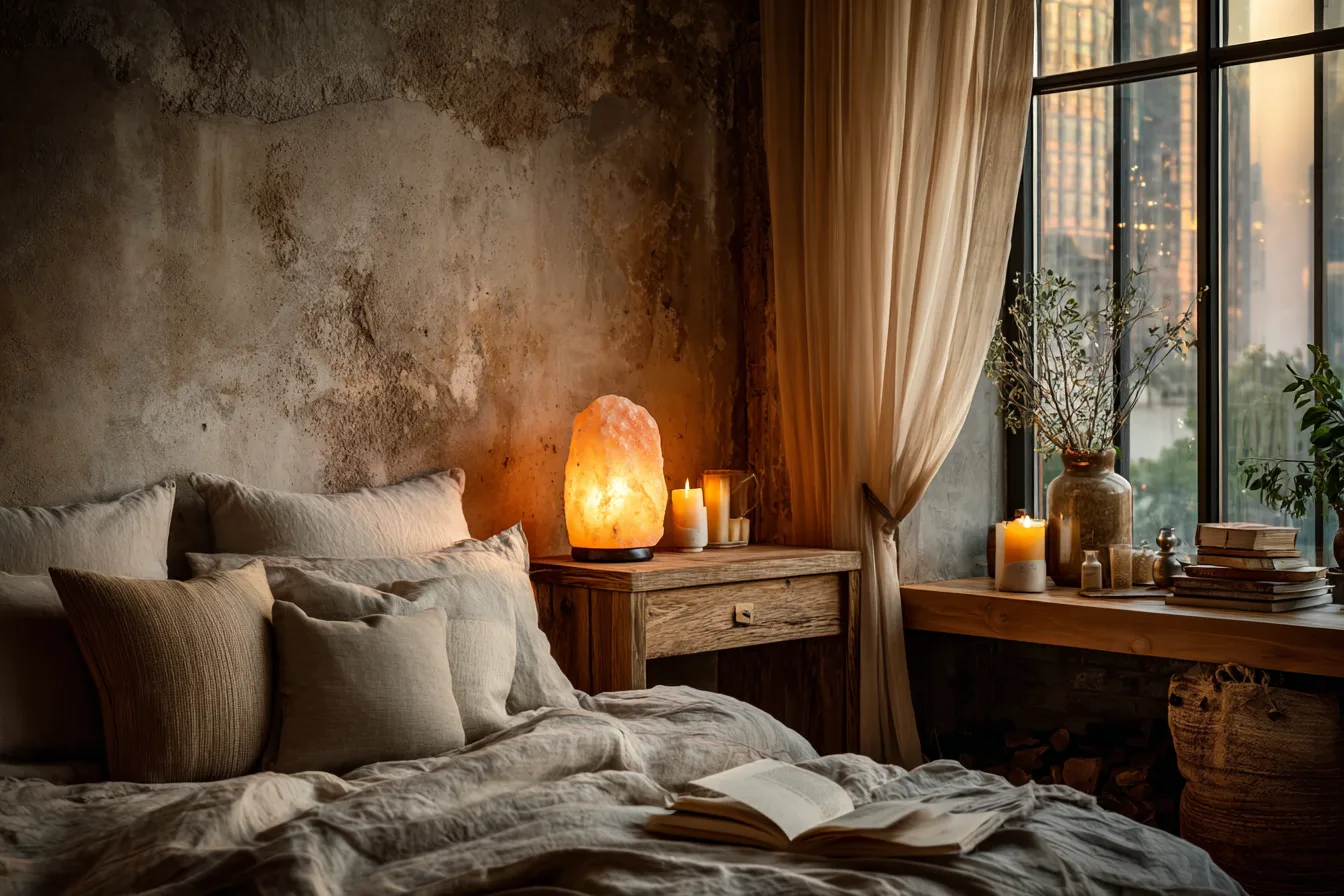 Retreat Schlafzimmer mit gedämpftem Abendlicht Kerze und Salzlampe - mit KI visualisiert.