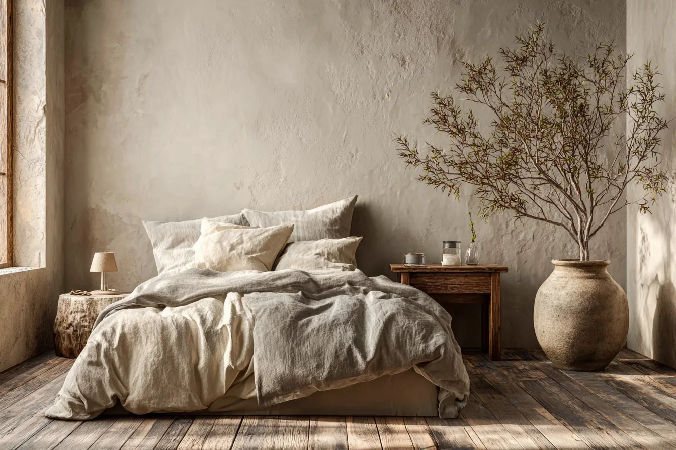 Reduziertes Schlafzimmer mit wenigen Objekten und Raum zum Atmen - mit KI visualisiert.
