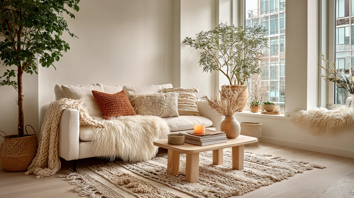 Scandi Boho Raum mit Farbpalette Creme Sand und Terrakotta-Akzent