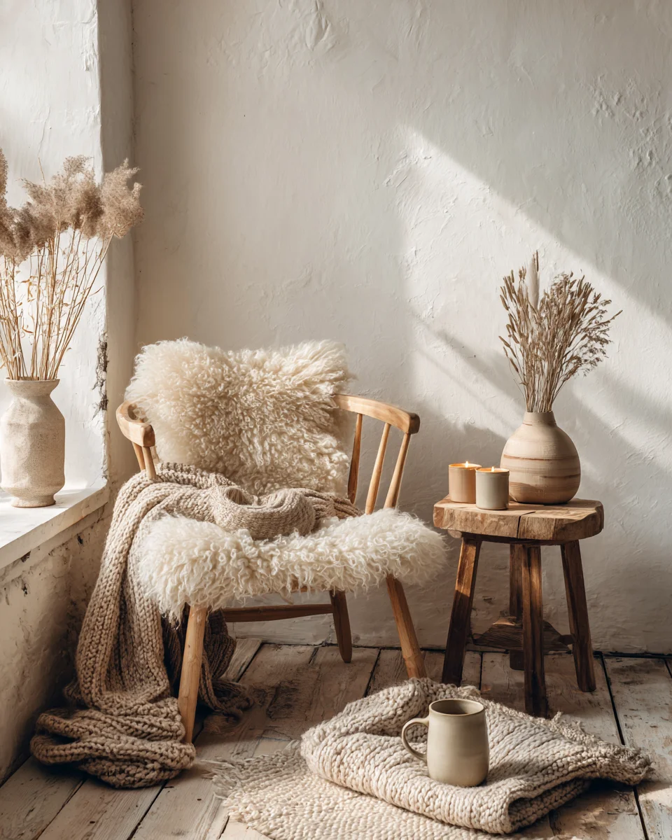 Scandi Boho Ecke mit hellem Holzstuhl Schaffell und Kerze