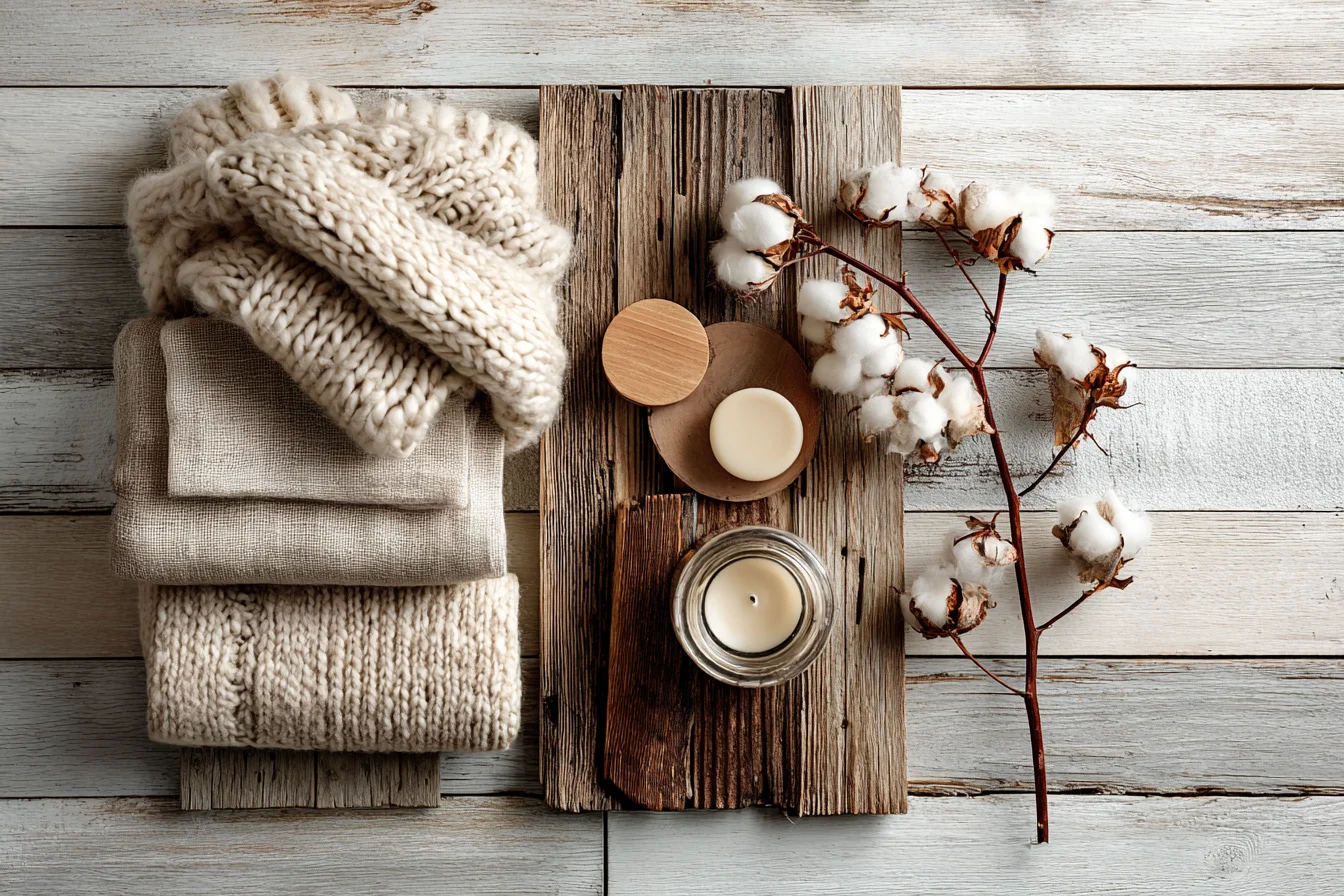 Scandi Boho Materialien Wolle Birkenholz Leinen und Bienenwachskerze
