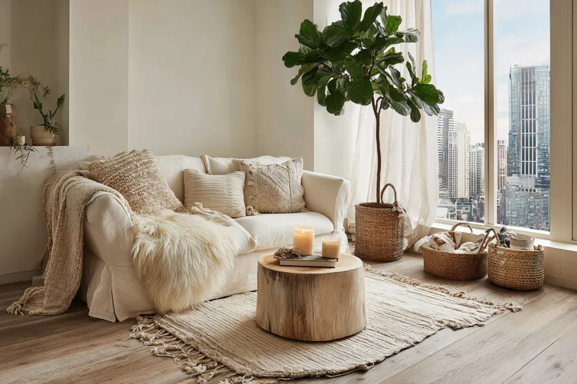 Scandi Boho Wohnzimmer mit Schaffell und Holzmöbeln in kompakter europäischer Wohnung