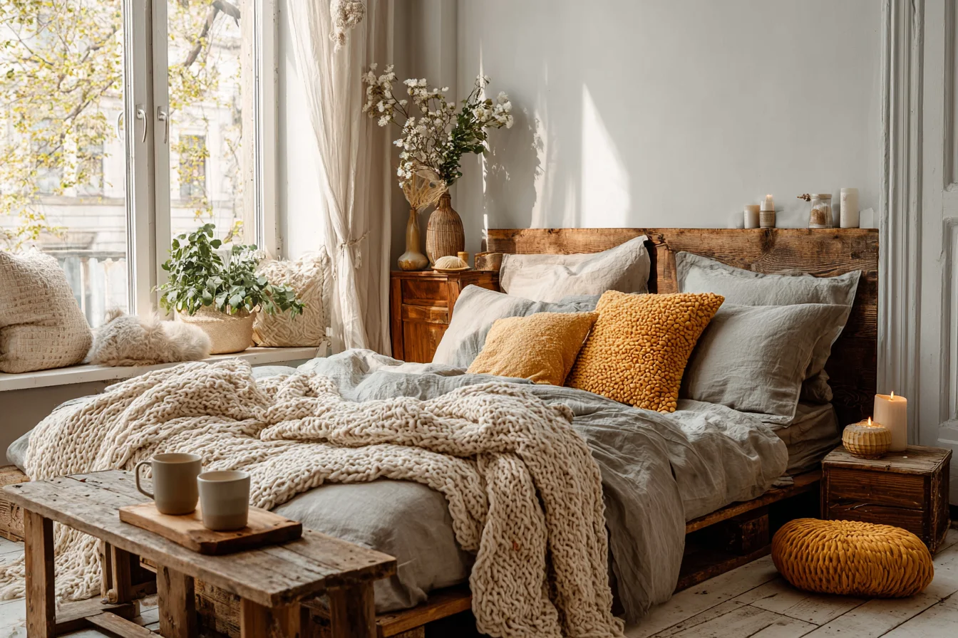 Kleines Scandi Boho Schlafzimmer mit Strickdecke und Holzbett