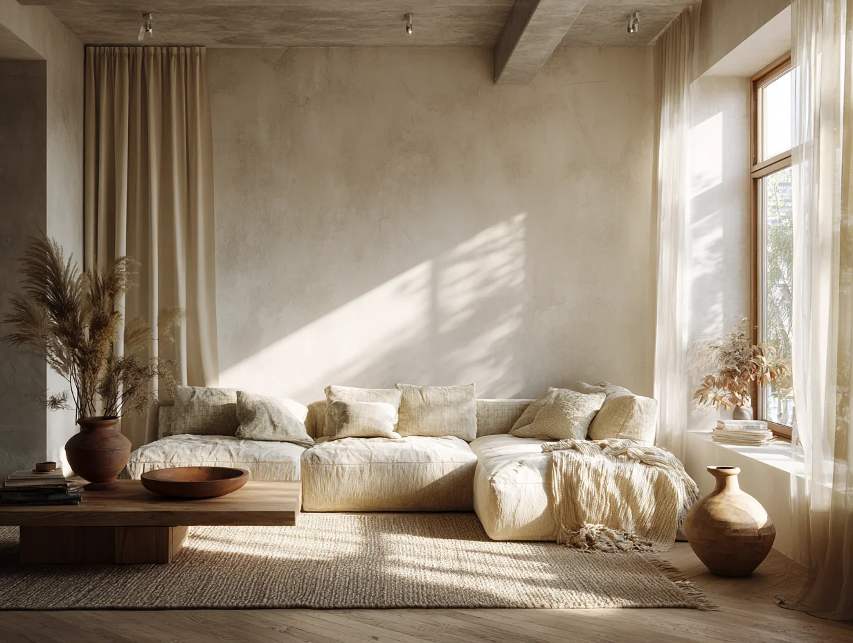 Scandi Boho – Raum mit Farbpalette Creme, Sand und Terrakotta-Akzent – mit KI visualisiert