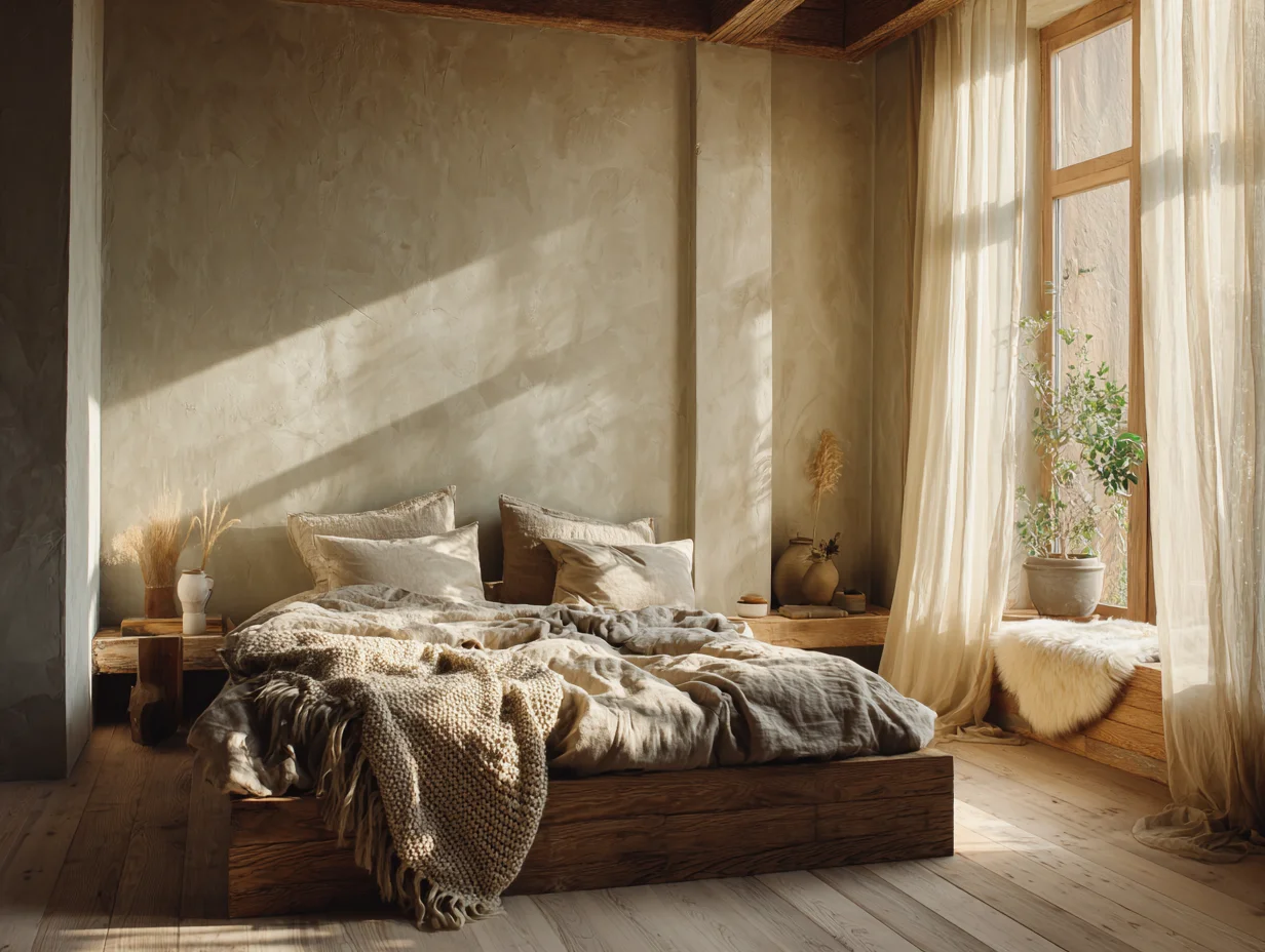 Scandi Boho – kleines Schlafzimmer mit Strickdecke und Holzbett – mit KI visualisiert