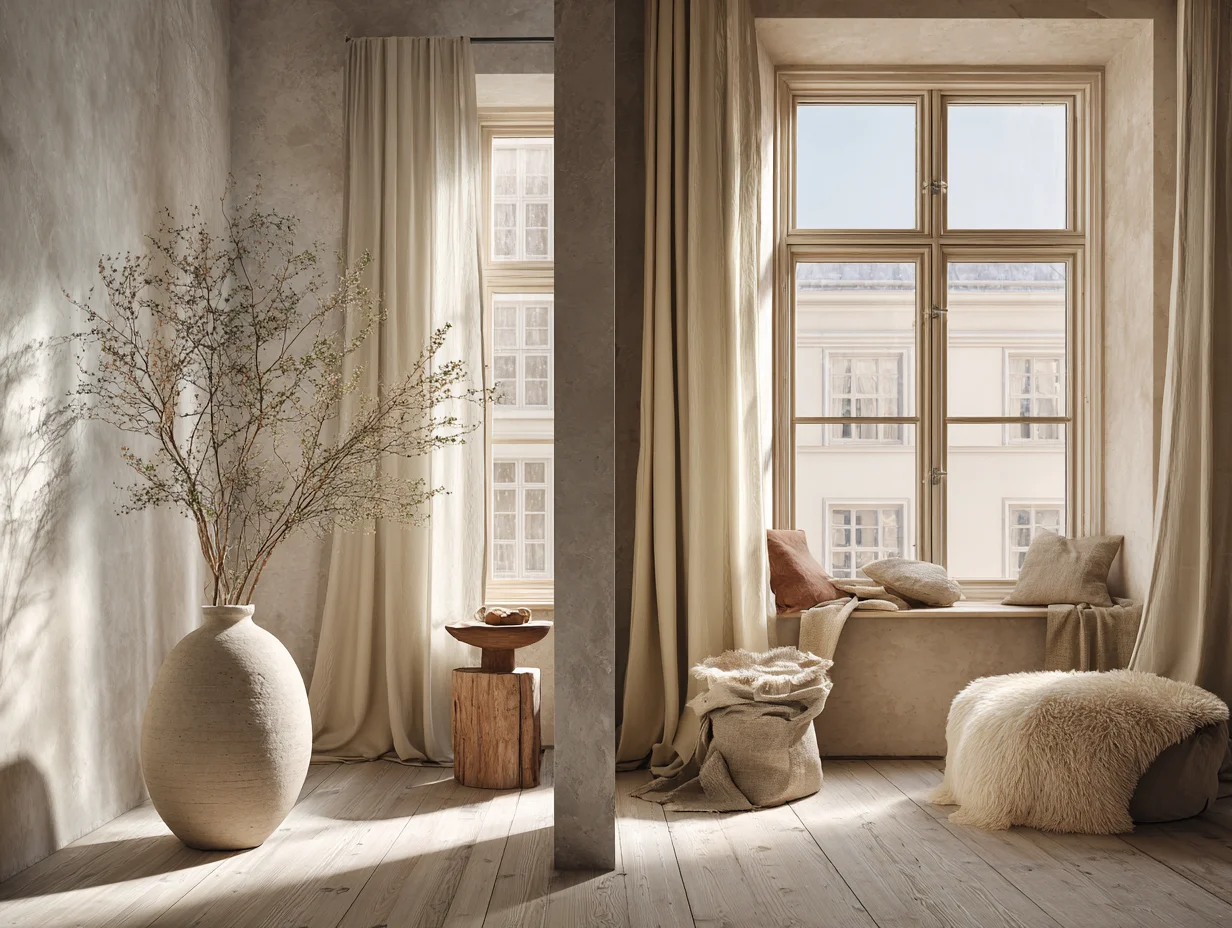 Scandi Boho – Vergleich mit Japandi Boho Einrichtungsstile nebeneinander – mit KI visualisiert