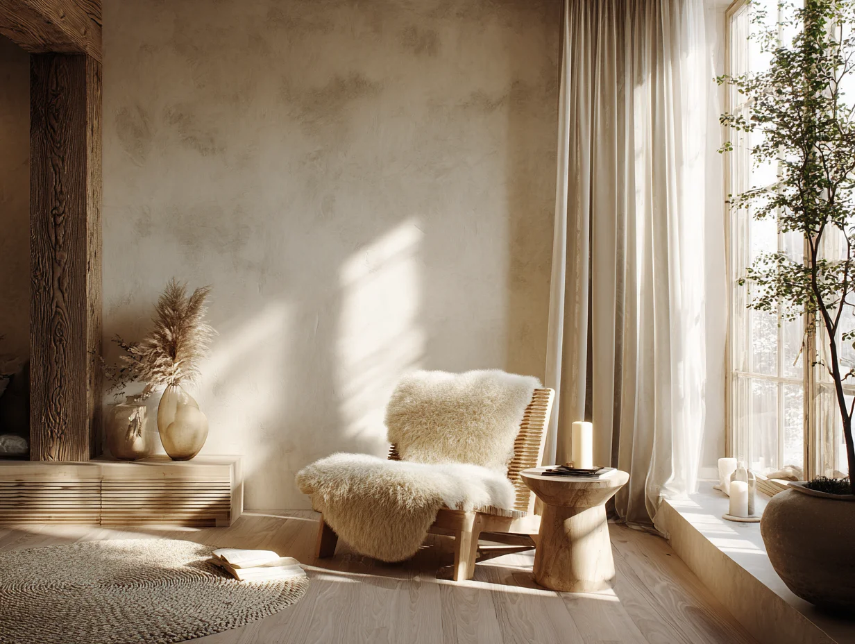 Scandi Boho – Ecke mit hellem Holzstuhl, Schaffell und Kerze – mit KI visualisiert