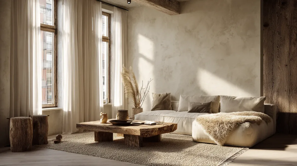 Scandi Boho – Wohnzimmer mit Schaffell und hellen Holzmöbeln – mit KI visualisiert