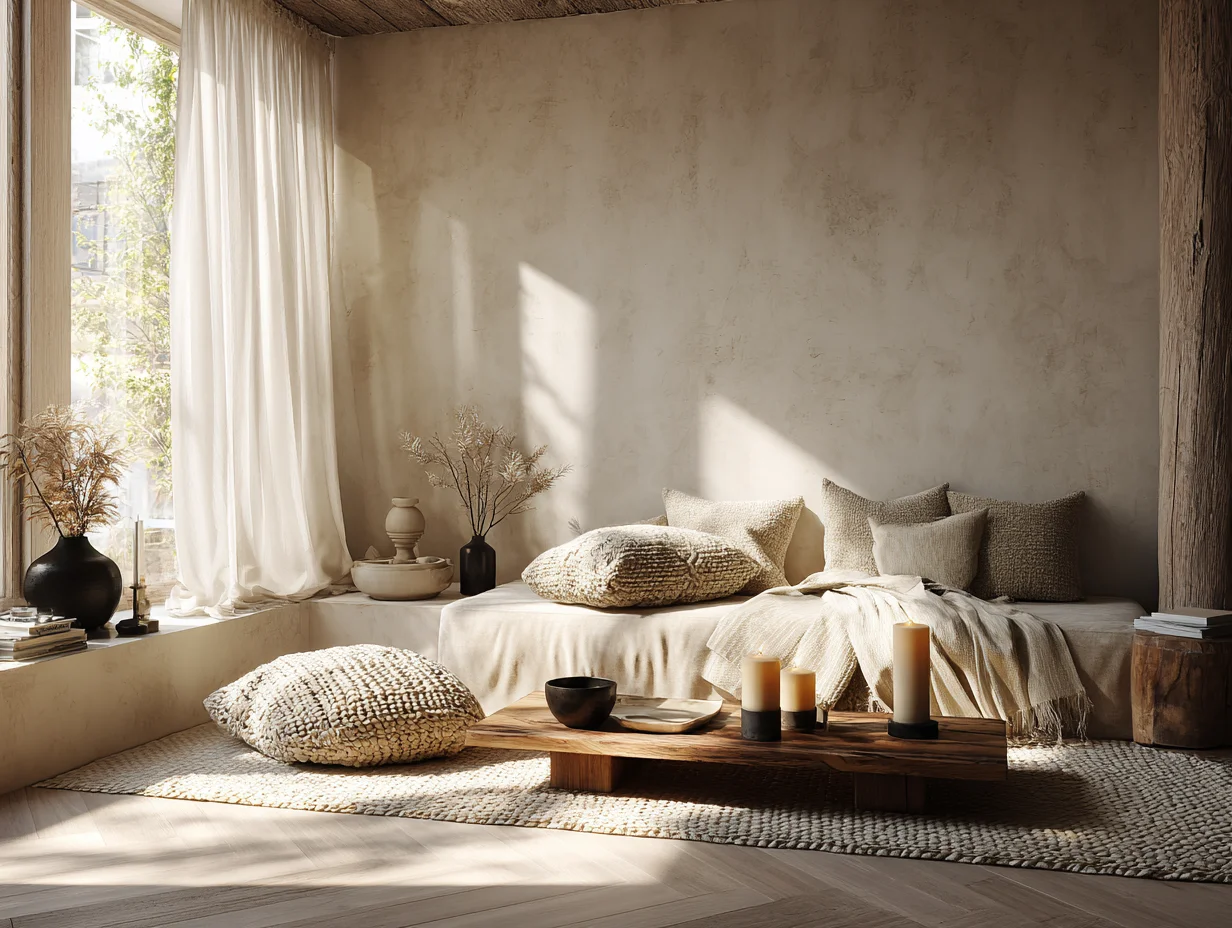 Scandi Boho – Materialien aus Wolle, Birkenholz, Leinen und Bienenwachskerze – mit KI visualisiert