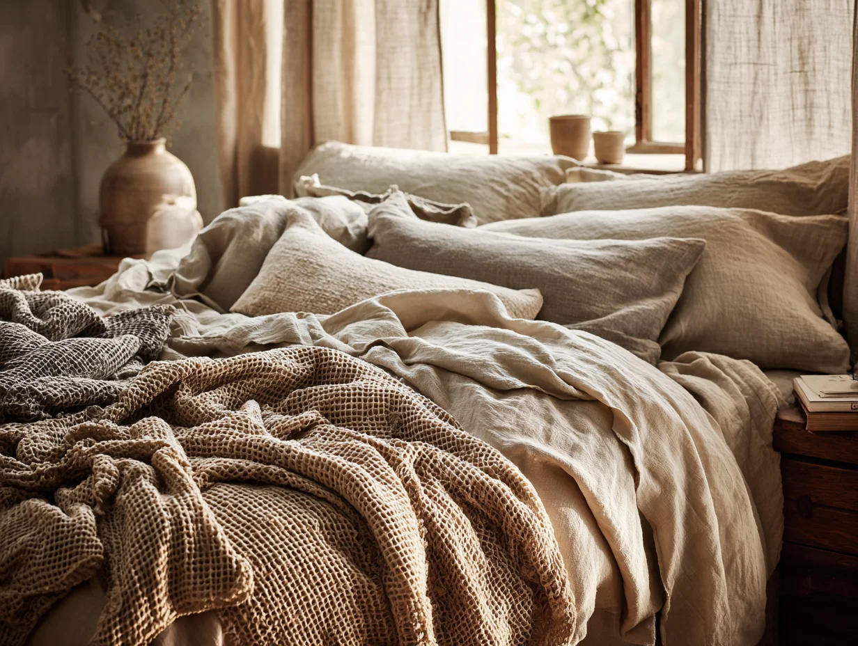 Nahaufnahme von geschichteten Decken aus ungebügeltem Leinen, Waffel-Piqué und weicher Wolle – Layering im Bett – mit KI visualisiert