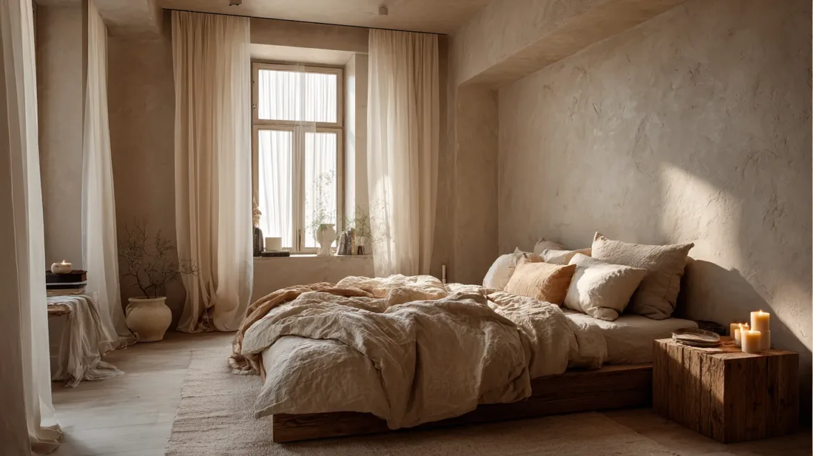 Ruhiges, minimalistisches Schlafzimmer mit Leinenbettwäsche und Holzelementen vor einer Alabaster-Wand – Retreat für Zuhause – mit KI visualisiert