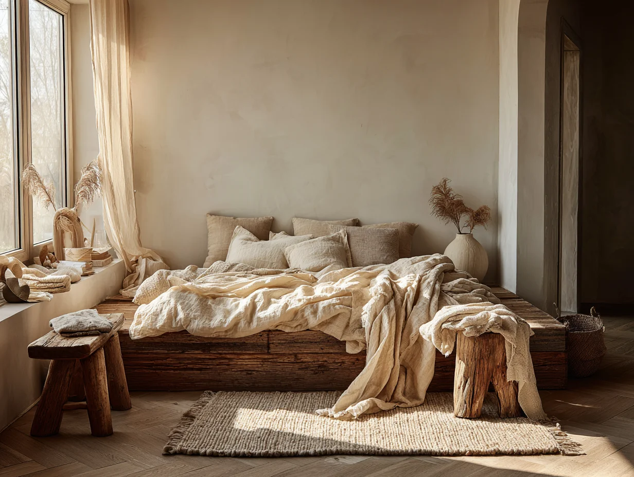 Weicher Wollteppich neben einem Bett mit Leinenbettwäsche und Holzhocker – Gemütlichkeit im Schlafzimmer – mit KI visualisiert