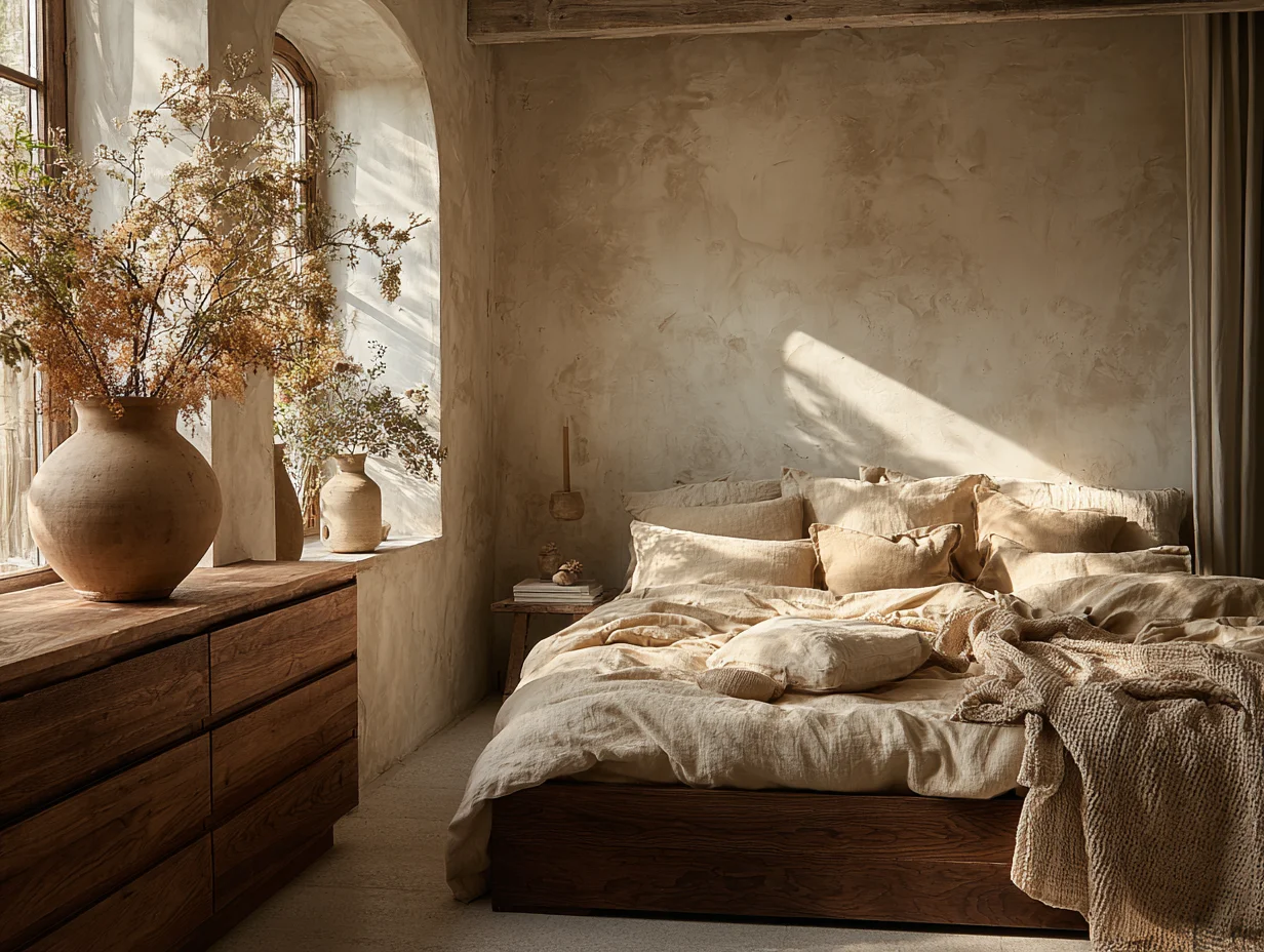 Schlafzimmer-Details in den Farben Alabaster, Espresso-Braun, Eukalyptus-Grün und gedecktem Terrakotta – ruhige Farbpalette – mit KI visualisiert