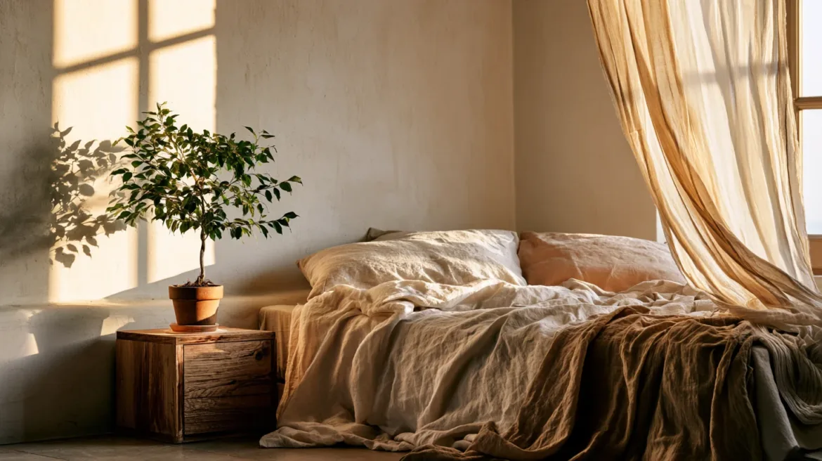 Schlafzimmer mit Pflanze auf Nachttisch im warmen Morgenlicht - mit KI visualisiert.