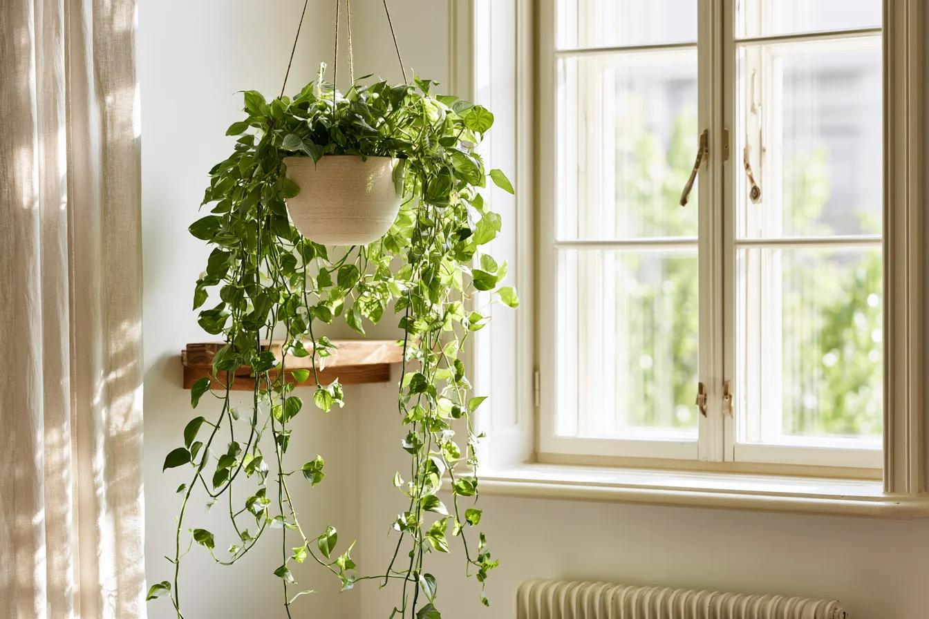 Hängende Efeutute mit Ranken über Holzregal im Schlafzimmer - mit KI visualisiert.