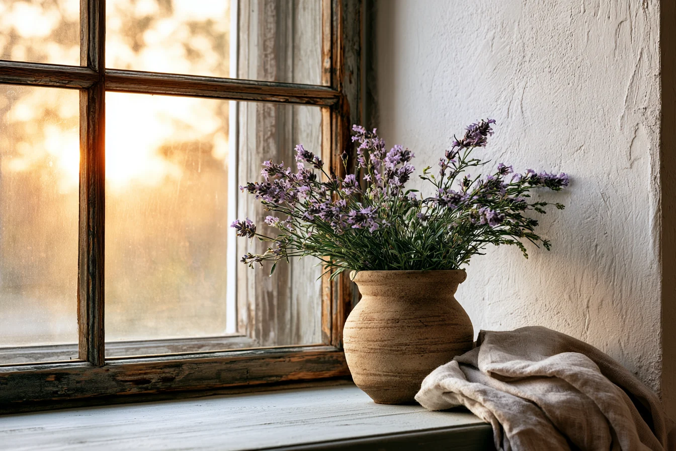Lavendeltopf auf Fensterbank im Schlafzimmer bei Abenddämmerung - mit KI visualisiert.