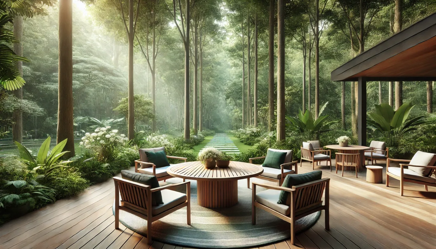 Nachhaltigkeitssiegel - elegant outdoor seating arrangement placed in a serene forest environment